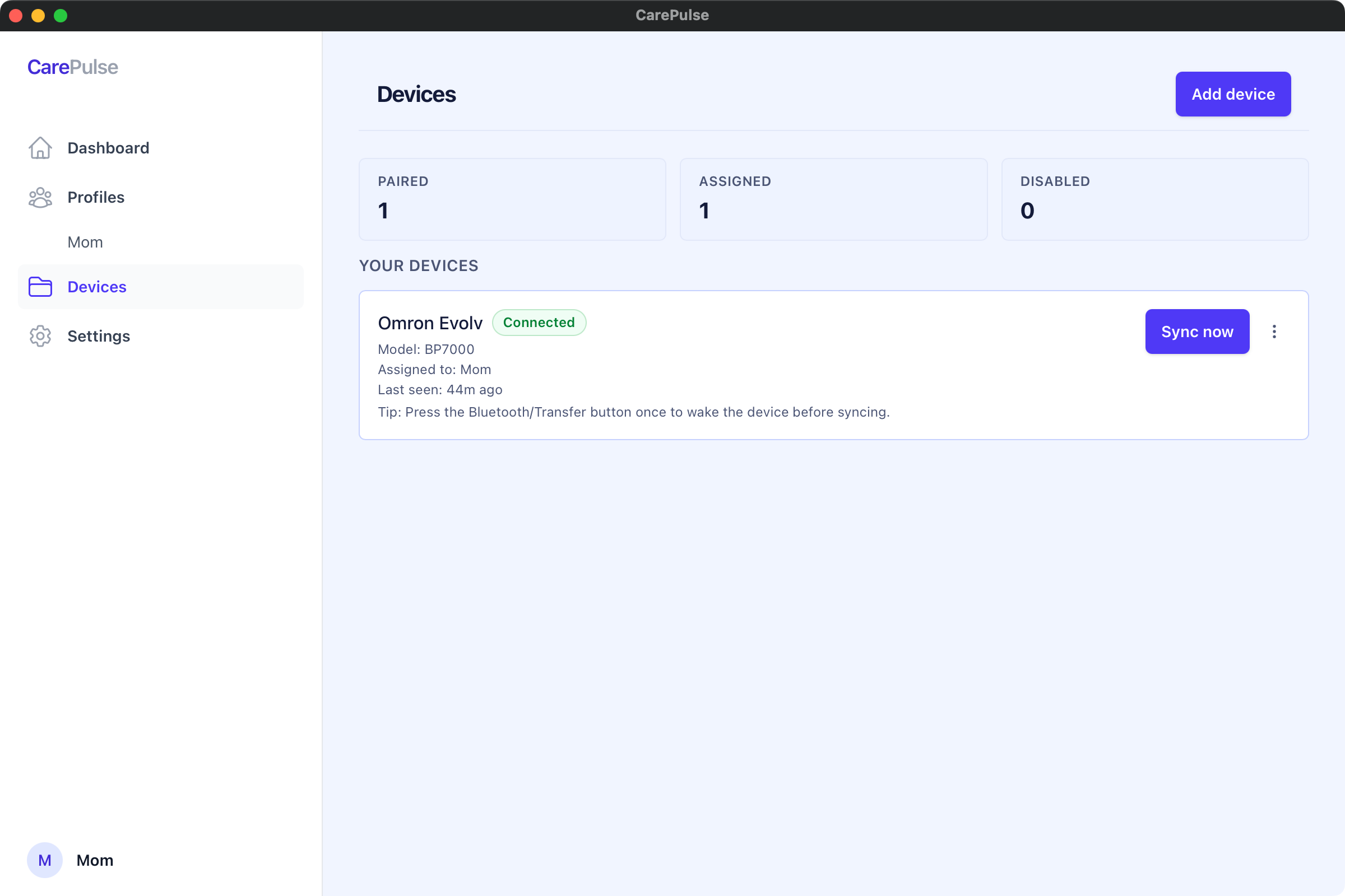 CarePulse device setup screen